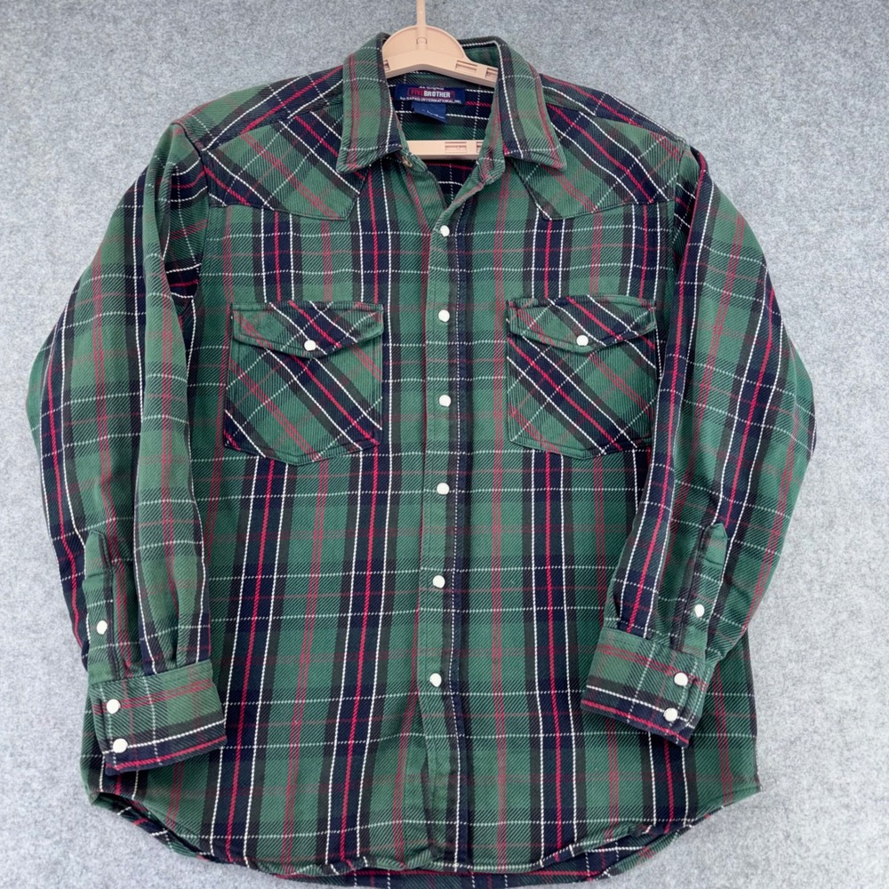 Five Brother Mens Green Plaid Flannel Western Snap Shirt Large 3061W Cotton